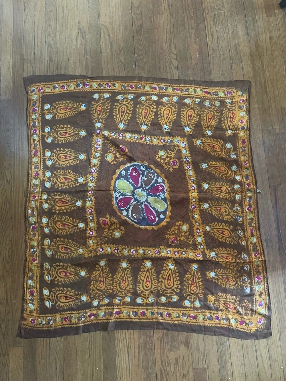 Vintage Pure Silk Govt Iran Paisley Square 45in scarf Brown Yellow Pink 70s